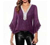 Saxrel Women's Sparkly Sequin V Neck Blouse - Sheer Chiffon Flounce Sleeve Ladies Tops Elegant Purple Glittery Tunic Shirt for Party Evening Cocktail