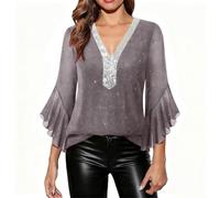 Saxrel Women's Sparkly Sequin V Neck Blouse - Sheer Chiffon Flounce Sleeve Ladies Tops Elegant Silver Glittery Tunic Shirt for Party Evening Cocktail