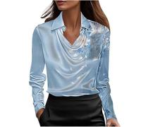 Saxrel Women's Turn Down Collar Satin Blouse - Ladies Floral Printed Shirt & Blouses Long Sleeve Ice Silk Tshirt Casual Loose Top for office Lightweight Tunic Tops
