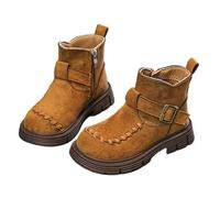 Saxrel Yellow Punk-Inspired Strap Buckle Girls Ankle Stitched School Boots Faux Suede Hiking Shoes Retro Round-Toe Kids Boots Side Zipper Non-Slip Running Footwear UK Size 10