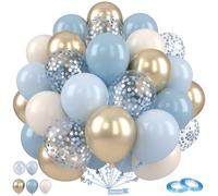 Saxuxu Dusty Blue and Gold Balloons, 12 Inch Blue Golden Balloon, Metallic Gold Retro Fog Blue White Confetti Balloons Latex Balloon for Wedding Baby Shower Gender Reveal Birthday Party Decor