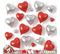 Saxuxu Red Silver Heart Balloons, 20 Pcs 5/10/18 inch Heart Shaped Foil Balloons for Valentine's Day Decorations, Love Occasion, Unisex-Adults & Kids