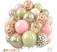 Saxuxu Sage Green Pink Balloon, 50 Pcs 12 Inches Striped Leopard Print Balloons, Metallic Gold Confetti Retro Green Pink Latex Balloons for Jungle Safari Tropical Birthday Party Decorations