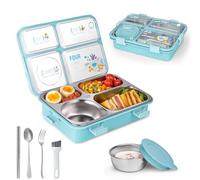 SAYAPE Stainless Steel Adult Lunch Box, 28.7oz 4-Compartment Cute Bento Box Kids Snack Containers with 5oz Soup/Condiment Cup, Food Storage Containers With Utensils and Small Cleaning Brush Set - Blue