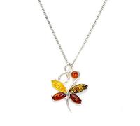 Sayers London Sterling Silver & Multi Coloured Baltic Amber Butterfly Pendant on Chain/Necklace - Chain 22"