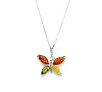 Sayers London Sterling Silver & MultiColoured Baltic Amber Butterfly Pendant on Chain/Necklace - Chain 16 + 2"