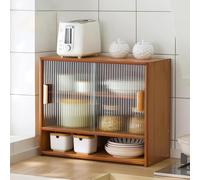SAYEYBU Bamboo Kitchen Pantry Sideboard, Freestanding Countertop Storage Cabinet with 2 Glass Doors, Sliding Pantry Cabinet for Bottles, Dish, Bowl, Dining Cupboard,Brown,F