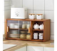 SAYEYBU Bamboo Kitchen Pantry Sideboard, Freestanding Countertop Storage Cabinet with 2 Glass Doors, Sliding Pantry Cabinet for Bottles, Dish, Bowl, Dining Cupboard,Brown,D
