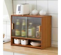 SAYEYBU Bamboo Kitchen Pantry Sideboard, Freestanding Countertop Storage Cabinet with 2 Glass Doors, Sliding Pantry Cabinet for Bottles, Dish, Bowl, Dining Cupboard,Brown,E