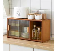 SAYEYBU Bamboo Kitchen Pantry Sideboard, Freestanding Countertop Storage Cabinet with 2 Glass Doors, Sliding Pantry Cabinet for Bottles, Dish, Bowl, Dining Cupboard,Brown,C