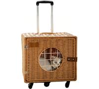 SAYEYBU Cat Stroller Rattan Retro with Wheels and Telescopic Handle for Large Cats 25 Lbs, Cat Rolling Carriers for Traveling/Taking a Walk/Trips to The Vet,Square