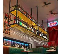 SAYEYBU Ceiling Wine Glass Rack with light Acrylic Hanging Wine Rack with Holder and Transparent Shelves, Hanging Wine Bottle Holder, Metal Ceiling Shelf for Bar Cafe Kitchen,Black,120 * 30 * 40cm