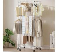 SAYEYBU Floor Standing Rotatable Clothing Rack, Hexagonal Clothing Rack with Wheel, Foldable Portable Laundry Dryer Stand for Bedrooms Boutiques Commercial Shop,White,double layer
