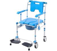 SAYEYBU Folding Aluminum Alloy Bedside Commode Chair, Shower Chair with Wheels, Portable Toilet, Adjustable Height, PU Cushion for Use by The Elderly and Disabled,Blue