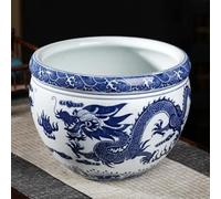 SAYEYBU Large Chinese Blue & White Porcelain Fish Bowl Planter, Traditional Ceramic Dragon Pattern Pot Oriental Style, Plant Container, for Living Room Patio Deck Decor,01,30.5x21.5cm