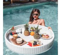 SAYEYBU Rattan Floating Breakfast Tray, Extra Large Water Floating Table, Food Plate for Outdoor Party, Floating Pool Tray, for Swimming Pool or Beach Party Float Lounge,White,60cm