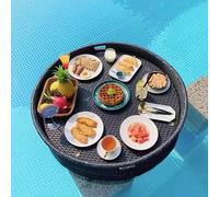 SAYEYBU Rattan Floating Breakfast Tray with Handles, Round Serving Tray for Swimming Pool Floats, Table Serving Buffet, Hot Tub, Spa Swimming Pool Float for Serving Food,Black,80cm