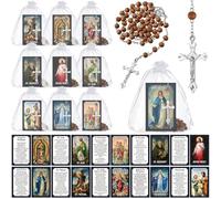 Sayglossy 30 Pack Catholic Religious Gifts Set Catholic Prayer Card Saints Prayer Bead Necklace Rosary Beads Necklace First Communion Baptism Gifts(Brown)