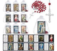 Sayglossy 30 Pack Catholic Religious Gifts Set Catholic Prayer Card Saints Prayer Bead Necklace Rosary Beads Necklace First Communion Baptism Gifts, wood, paper