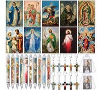 Sayglossy 40 Pcs Catholic Religious Gifts Set Saint Prayer Notebooks Bible Verse Acrylic Key Chains Christian Ballpoint Pens Organza Bags Catholic Rosary Christian Baptisms Gifts for Women Men (Cross)