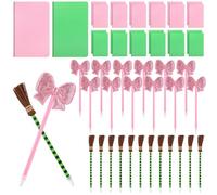 Sayglossy 48 Pack Witch Party Favors and Princess Including Witch Broom Pens Pink Bow Ballpoint Pens Pink and Green Notebooks for Halloween Evil Party Supplies Decoration Gifts
