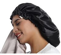SAYMRE 100% Mulberry Silk Lined Bonnet Large Sleep Cap 16 Momme Hair Cover Silk Satin Bonnet for Women Curly,Long Hair Care - Black - L