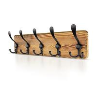 SAYONEYES Rustic Coat Rack Wall Mount, 16” Hole to Hole Solid Pine Brown Wood Wall Rack, Coat Hanger Wall Mounted with 5 Heavy Duty Tri Hooks for Hanging Coat, Towels, Hat, Jacket - 1 Pack