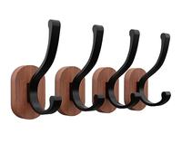 SAYONEYES Rustic Wooden Coat Hooks Wall Mounted - Heavy Duty Solid Walnut Wood Wall Hooks Hanger Rack with Screws - Double Hooks for Hanging Coats, Towels, Hat, Bag, Keys, Purse - 4 Pack