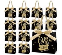 Saypacck 25 Pcs Mr Onederful Birthday Gift Bags Boys 1st Birthday Party Favors Wonderful 1st Gift Bags with Handles Baby 1st Birthday Decorations Treat Bag, 5.51 x 2.36 x 4.72 Inches (Black, Gold)
