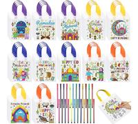 Saypacck 48 Pcs Ramadan Coloring Goodie Bags Bulk with Paint Pens Color Your Own Eid Mubarak Gift Bags Ramadan Crafts Reusable Canvas Bag for Eid Mubarak Home Activities Party Favors(Traditional)