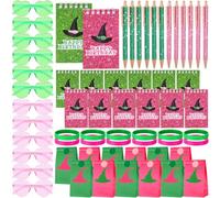 Saypacck 60 Pcs Witch Party Favors Pink and Green Gift Set Mini Spiral Notebooks Glitter Ballpoint Pens Heart Shaped Sunglasses Rubber Bracelets Gift Bags for Princess Party Birthday Decorations