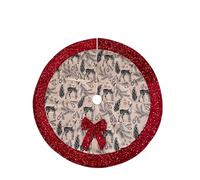 Sayrrame Christmas Tree Skirt, 48 Inch 3D Red Sequin Bow Decor & Vintage Linen Fabric with Reindeer and Pine Cone Print 4ft Xmas Tree Skirt for Christmas Home Party Decorations