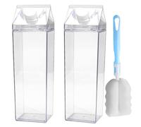 Sayudar 2 Pack Milk Carton Water Bottle, 1000ML Transparent Plastic Portable Leak-proof Square Milk Bottle, Creative Leak-proof Juice Bottle with Brush, Suitable for Outdoor Sports Travel Camping