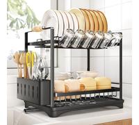 SAYZH Dish Drainer Rack, 2 Tier Large Dish Drying Rack and Draining Board Set, 42D x 30W x 42H CM, Kitchen Dish Rack with Swivel Drainage Spout for Kitchen Counter, Black
