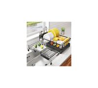 SAYZH Dish Drainer Rack, Expandable Dish Drying Rack with Cutlery Holder and Swivel Drainage Spout, Dish Rack for Kitchen Counter and Sink, Black