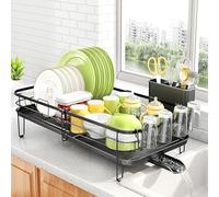 SAYZH Dish Drainer Rack with Utensil Holder Cup Holder for Large Kitchen Counter, Black, 22.5 inch Length x 12 inch Width x 6.2 inch Height