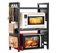 SAYZH Expandable Microwave Shelf, 3 Tier Microwave Stand, Metal Adjustable Microwave Oven Rack, Kitchen Counter Organizer Shelf with 10 Hooks/Cutting Board Holder/Rag rack