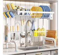 SAYZH Over The Sink Dish Drying Rack, Adjustable (25.5 to 33.5 inch) 2 Tier Metal Steel Dish Drying Racks for Kitchen Counter with Hooks Paper Towel Utensil Cup Holder Sink Caddy, White