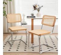 SAZDFY Rattan Dining Chairs Set of 2, Modern Mid Century Chairs, Upholstered Dining Living Room Kitchen Chairs, Velvet Accent Chairs with Natural Cane Back & Stainless Chrome Base (Burly Wood)