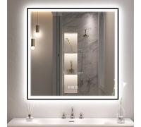 S'bagno 80x80cm Bluetooth-Bathroom-Mirror-with-LED-Lights, LED Bathroom Mirror with Iron Frame, Defogging/ 3000K 4000K 6500K/ Memory, IP44 Waterproof, Toughened Glass, Black