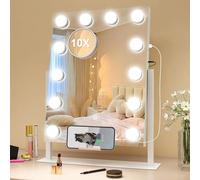 S'bagno Hollywood-Vanity-Mirror-with-Lights 40x30cm Desk-Mirror with 10x Magnifier, USB & Phone Holder, 360°Rotation, 12 LED Bulbs, 3 Colors, Dimining, Memory, White