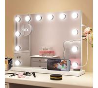 S'bagno Hollywood-Vanity-Mirror-with-Lights 48x36cm, Desk-Mirror with 10x Magnifier, USB Port, 12 LED Bulbs, 3 Colors, Dimining, Memory, Support Wall Mounting, White