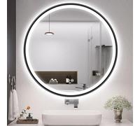 S'bagno Round Bathroom Mirror with Lights 700mm, Illuminated LED Mirror Bathroom with Aluminum Frame, Anti-Fog, 3000-6500K, HD Tempered Glass, IP44 Waterproof, Memory, Black