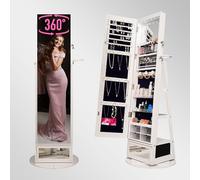 S'bagno White Rotating Jewelry Cabinet with Full-Length Mirror, 360° Swivel Design, Storage Shelves, Lockable, Perfect for Bedroom & Dressing Room