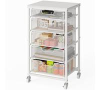 Sbanmao Utility Cart with 5 Drawers, Rolling Storage Cart with Wooden Tabletop and Lockable Wheels, Storage Drawer Cart Craft Cart for Bedroom, Classroom, Home, Office, White