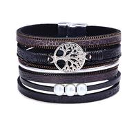 SBI Jewelry Black Boho Multilayer Leather Tree of Life Clasp Jewelry with Pearl Wrap Bracelet for Women Men