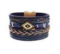 SBI Jewelry Boho Multilayer Leather Blue Wrap Bracelet X Shape Beaded & Crystal Embellished Stackable Bracelet with Clasp Fashion for Women Men