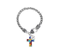 SBI Jewelry Women Autism Awareness Bracelets for Man Mum Cross God Men Red Medical Alert Bracelets Love Caring Support Adjustable Stainless Steel