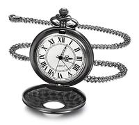 SBJKLYRN Pocket Watch, Vintage Pocket Watch Smooth with Chain Roman Numerals Pocket Watch Antique Pocket Watch for Men Women Dad Birthday Anniversary Day(Black)