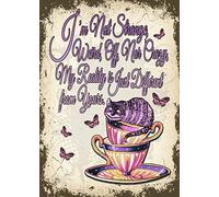 SBKGBIEHG Halloween Cheshire Cat Strange Quote Metal Sign Vintage Decor Art Sign Home Kitchen Bar Cafe Club Cave Wall Decor Retro Tin Sign 20x30cm